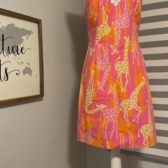 Lilly Pulitzer Pink & Orange Bella Giraffe Lace Inset Yoke Neck Mini Dress Sz 4 - Picture 3 of 9
